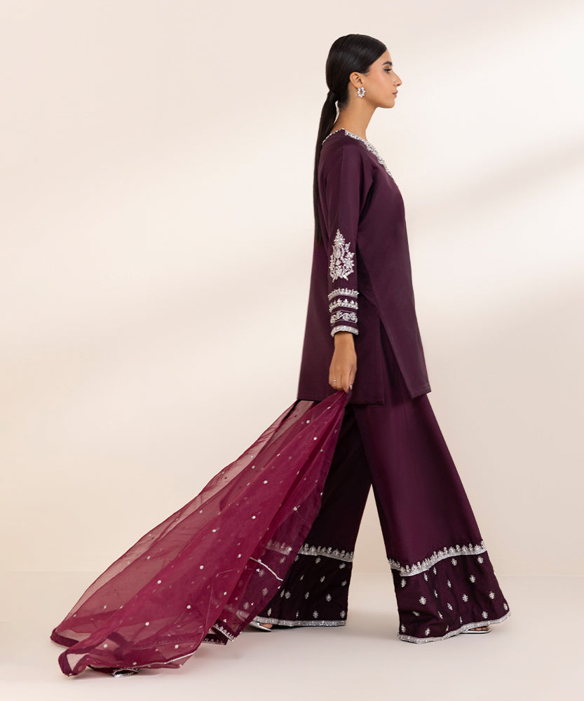 Women's Pret Wine Purple 3 Piece Embroidered Raw Silk Suit