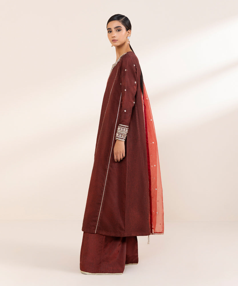 Women's Pret Maroon 3 Piece Embroidered Raw Silk Suit