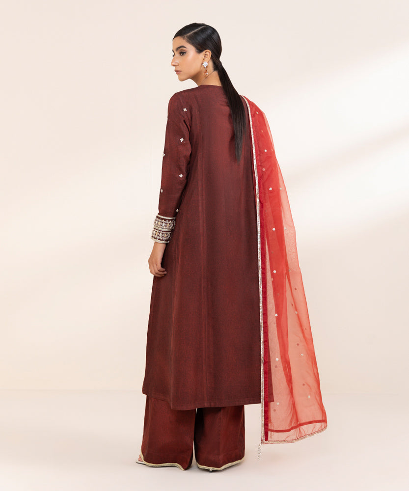 Women's Pret Maroon 3 Piece Embroidered Raw Silk Suit