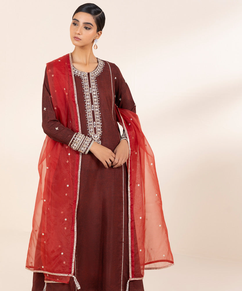 Women's Pret Maroon 3 Piece Embroidered Raw Silk Suit