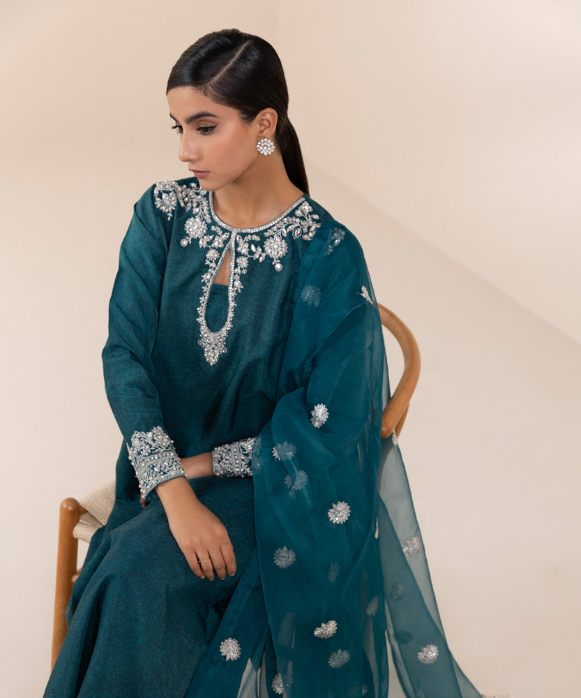 Women's Pret Teal 3 Piece Embroidered Raw Silk Suit