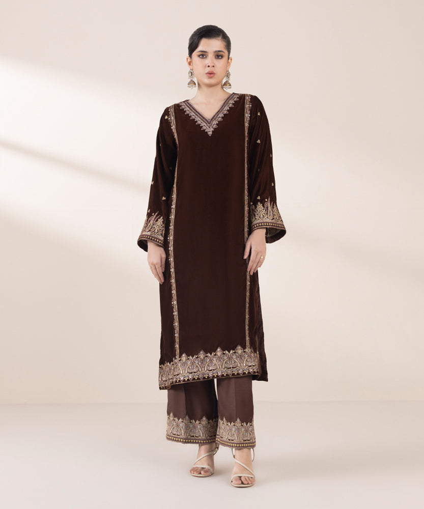 Women's Pret Maroon 2 Piece Embroidered Raw Silk Suit