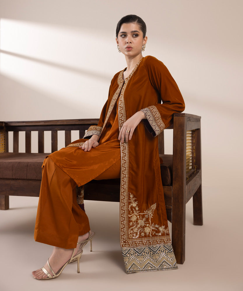 Women's Pret Orange 2 Piece Embroidered Raw Silk Suit