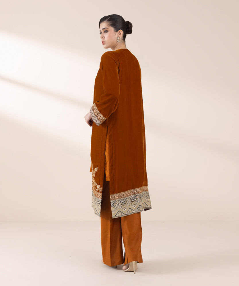 Women's Pret Orange 2 Piece Embroidered Raw Silk Suit