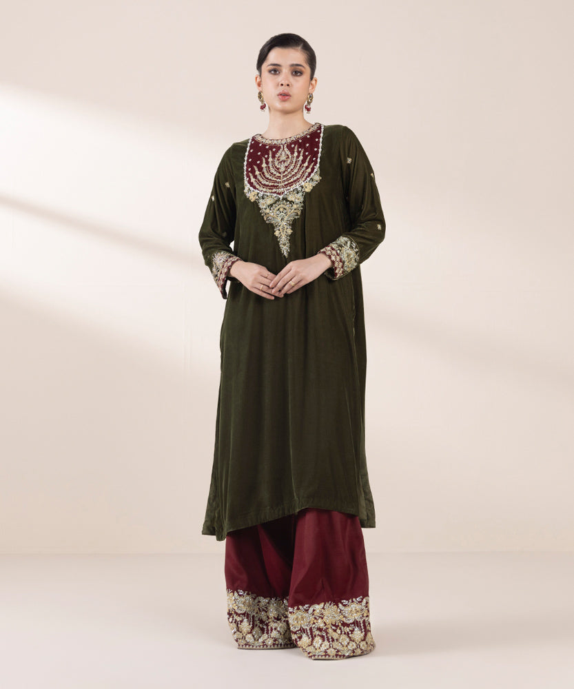 Women's Pret Olive & Maroon 2 Piece Embroidered Raw Silk Suit