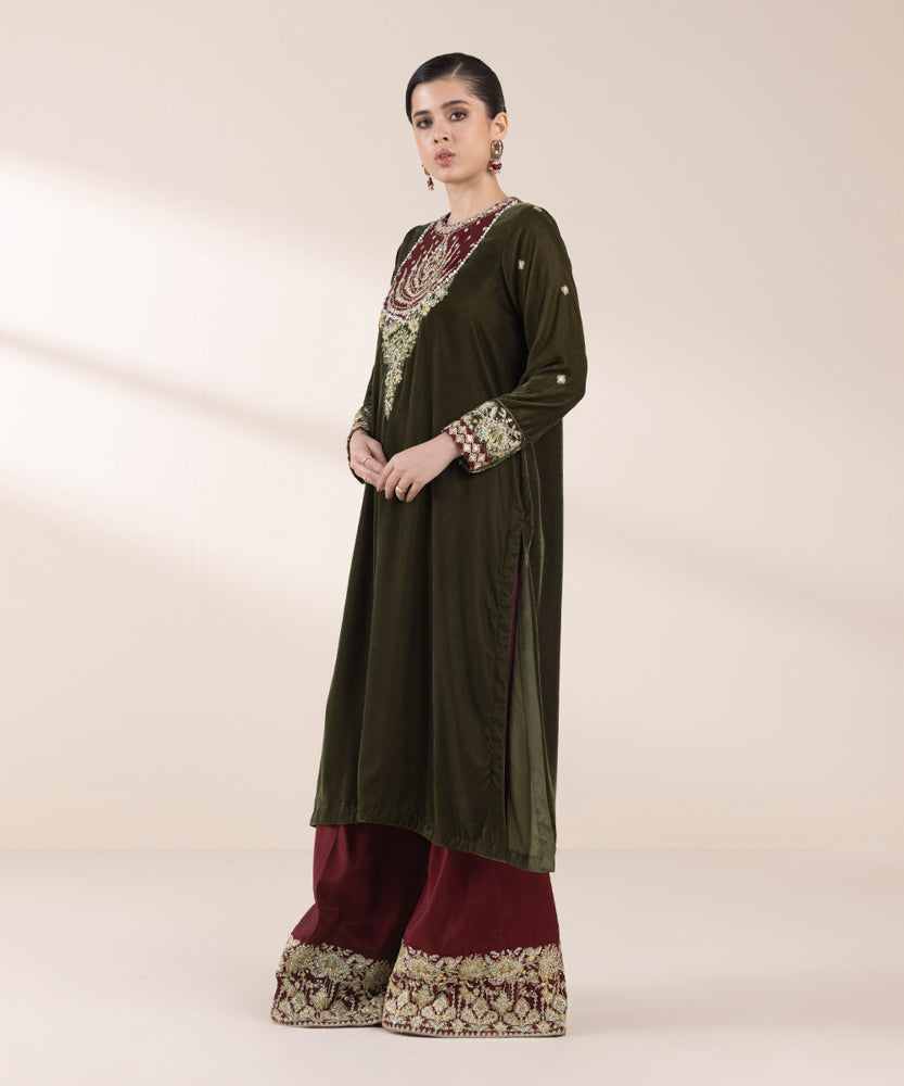 Women's Pret Olive & Maroon 2 Piece Embroidered Raw Silk Suit