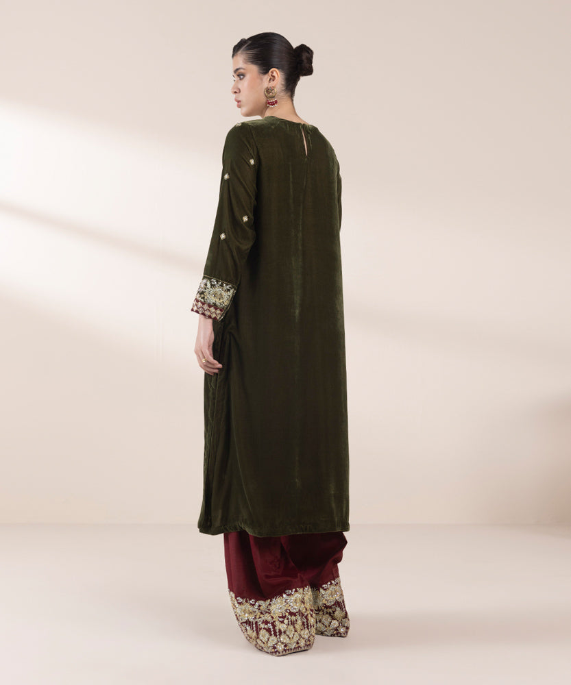 Women's Pret Olive & Maroon 2 Piece Embroidered Raw Silk Suit