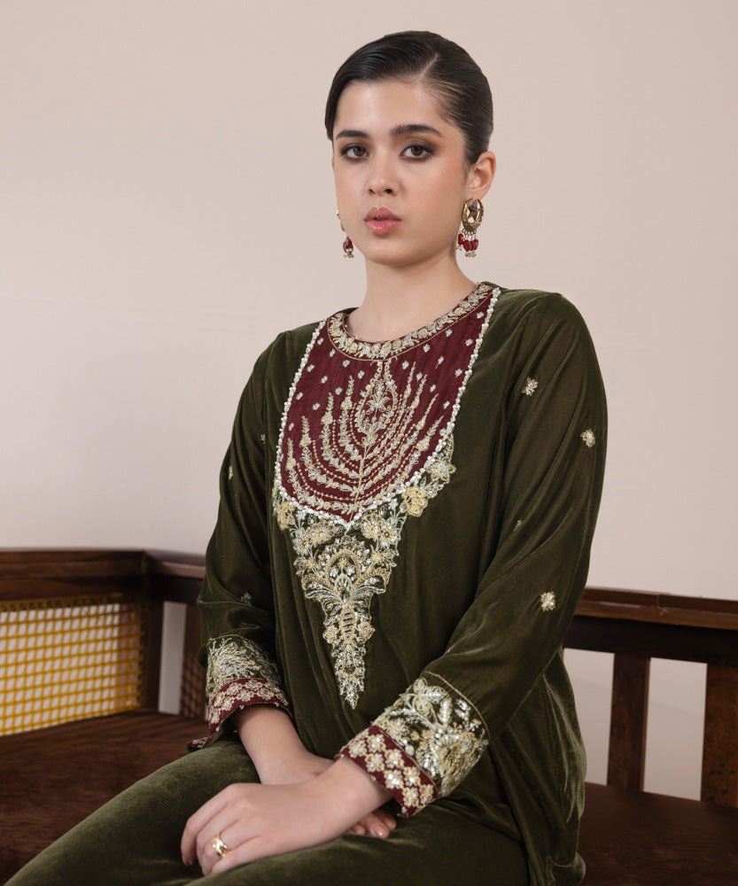 Women's Pret Olive & Maroon 2 Piece Embroidered Raw Silk Suit