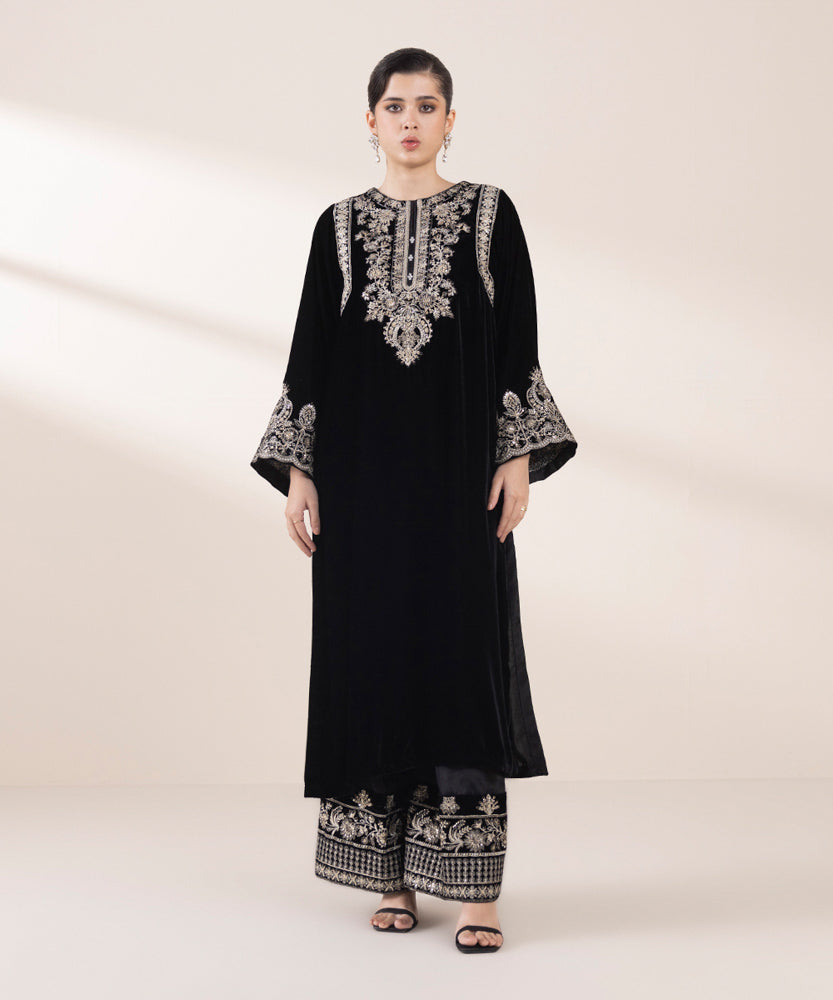 Women's Pret Black 2 Piece Embroidered Raw Silk Suit