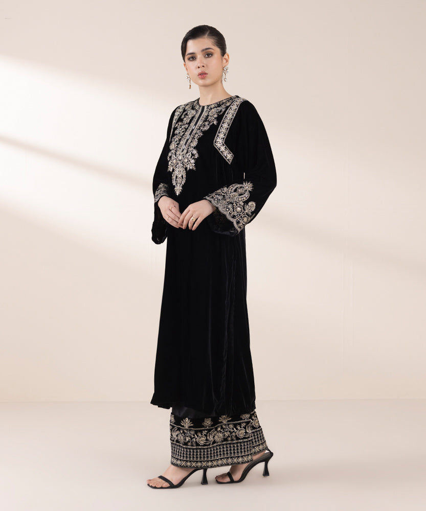 Women's Pret Black 2 Piece Embroidered Raw Silk Suit