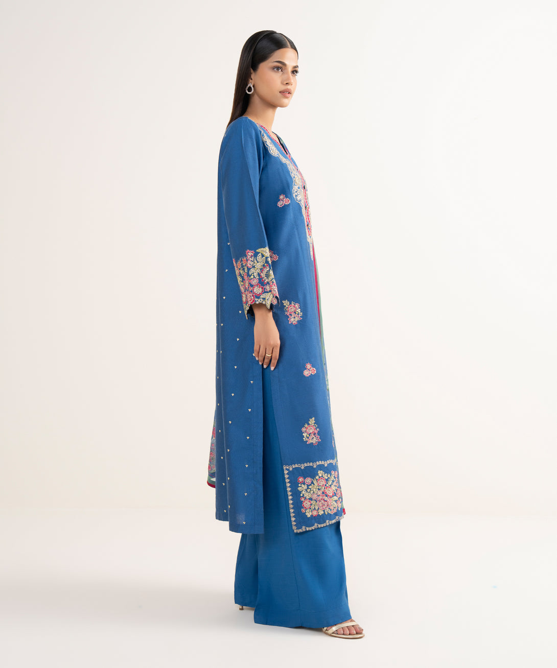 Women's RTW Silk Cotton Net Blue Embroidered 3 Piece Suit