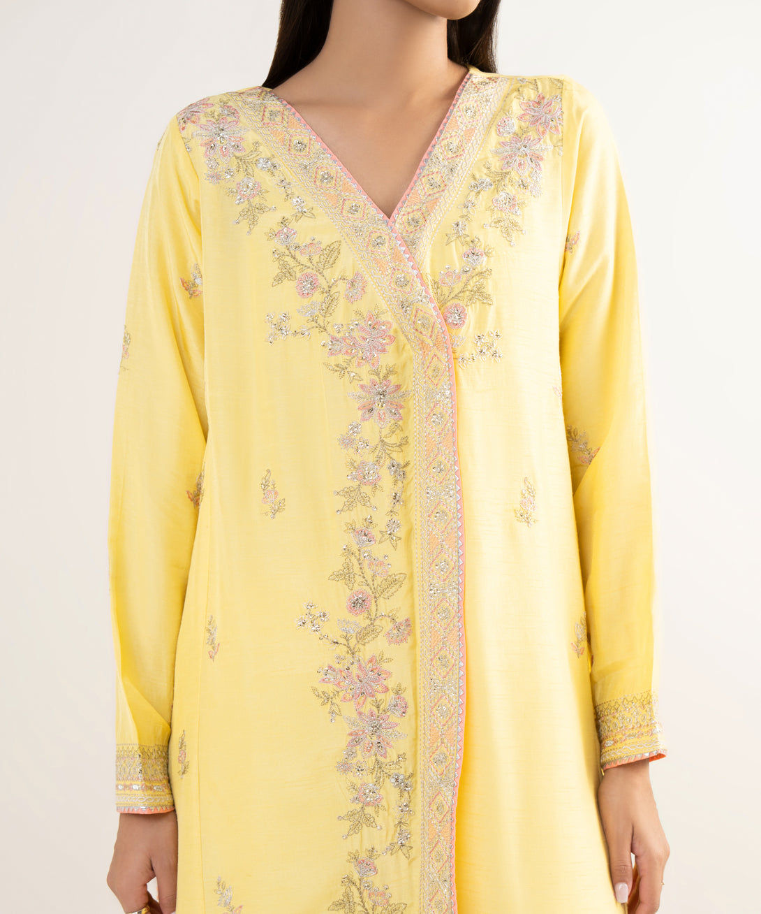 Women's RTW Raw Silk Yellow Embroidered 3 Piece Suit
