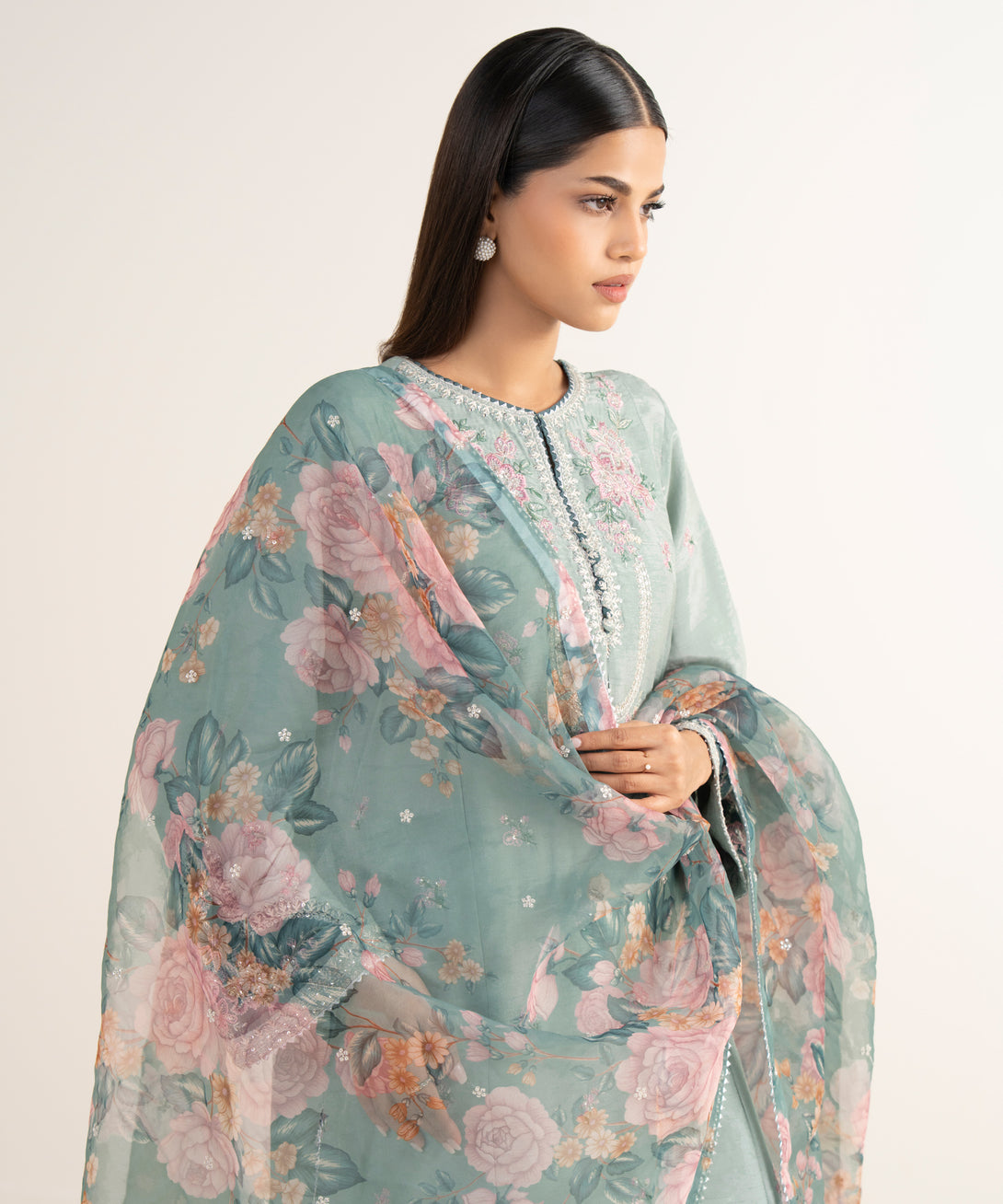 Women's RTW Raw Silk Green Embroidered 3 Piece Suit