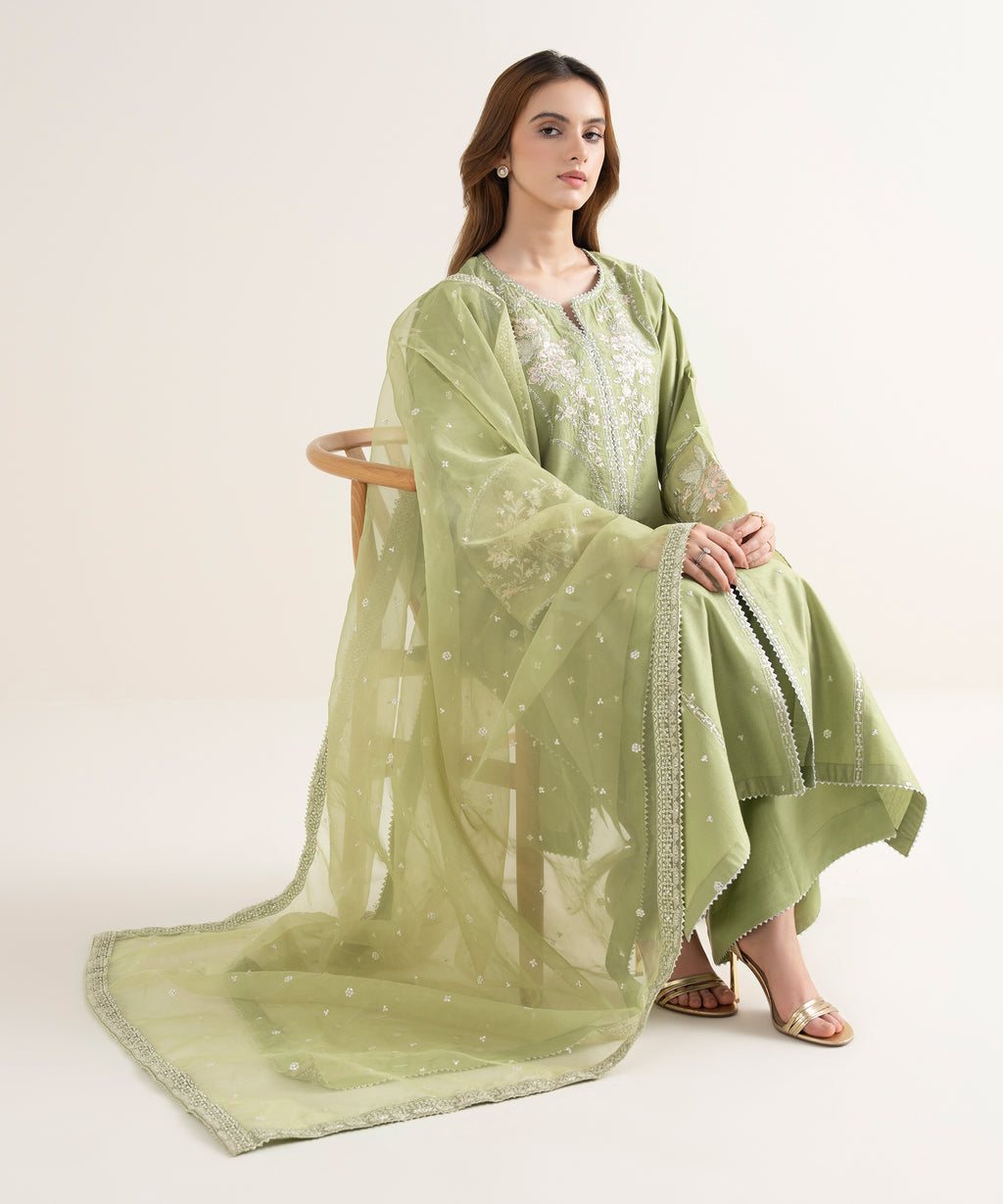 Women's RTW Blended Silk Cotton Net Embroidered Green Three Piece Suit