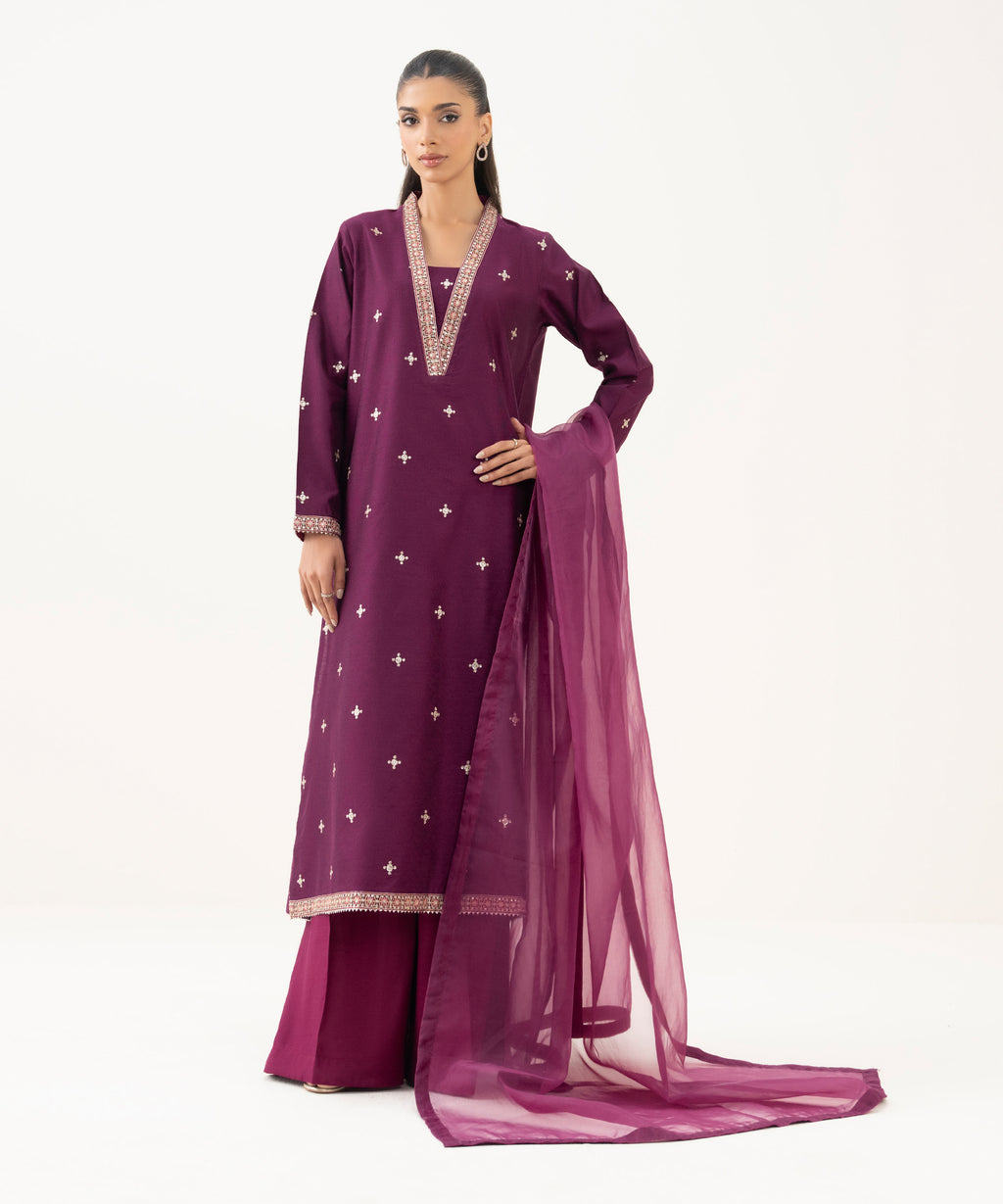 Women's RTW Blended Silk Cotton Net Embroidered Purple Three Piece Suit