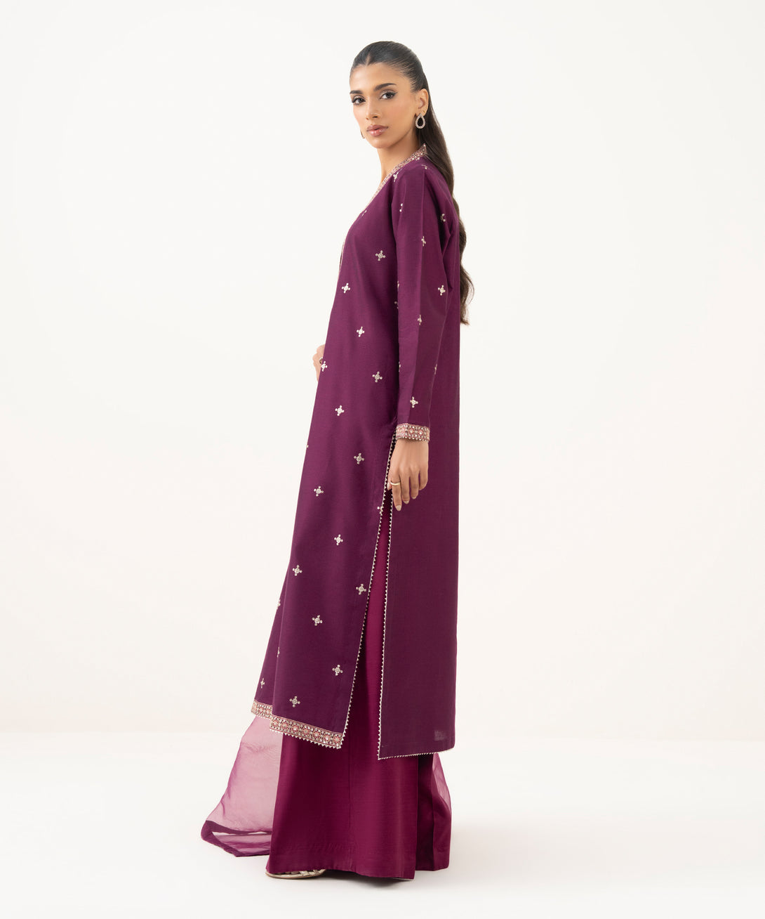 Women's RTW Blended Silk Cotton Net Embroidered Purple Three Piece Suit
