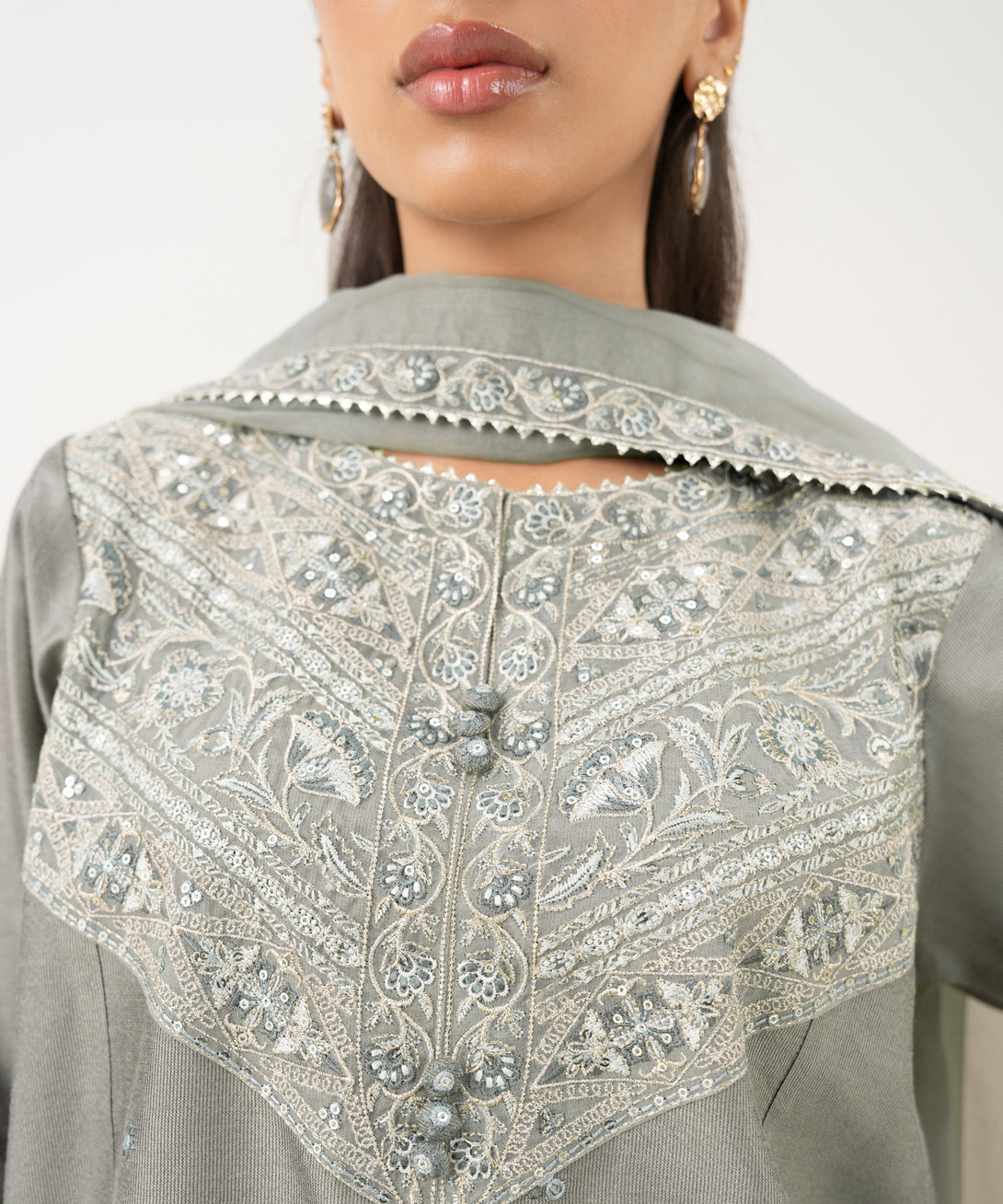 Women's RTW Blended Silk Cotton Net Embroidered Grey Three Piece Suit