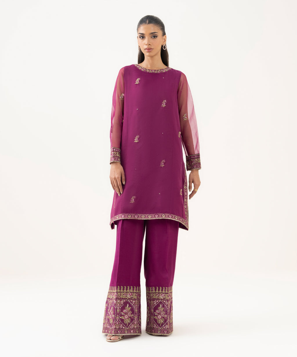 Women's RTW Blended Organza Embroidered Purple 2 Piece Suit