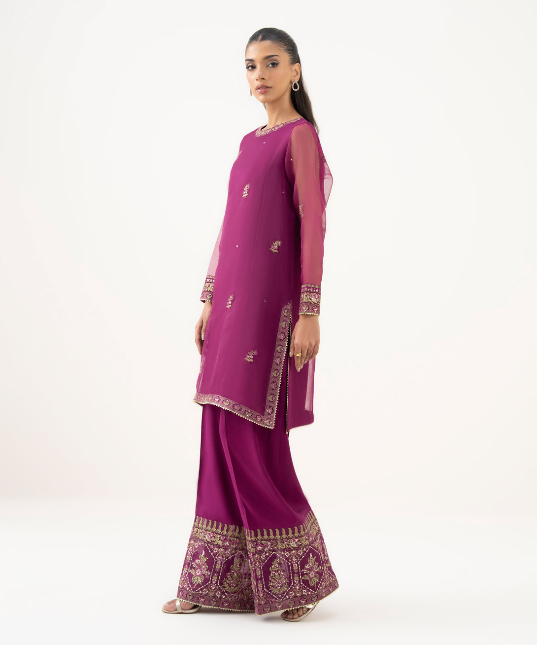 Women's RTW Blended Organza Embroidered Purple 2 Piece Suit
