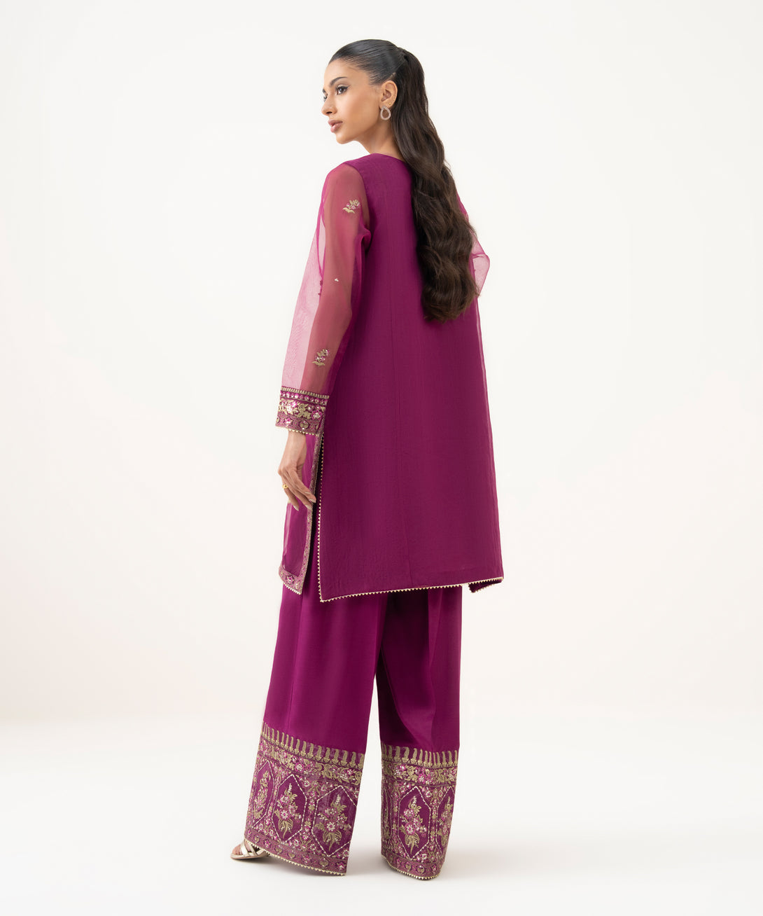 Women's RTW Blended Organza Embroidered Purple 2 Piece Suit