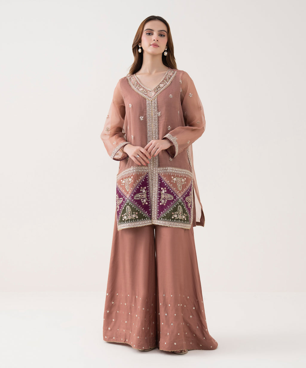Women's RTW Blended Organza Embroidered Pink 2 Piece Suit