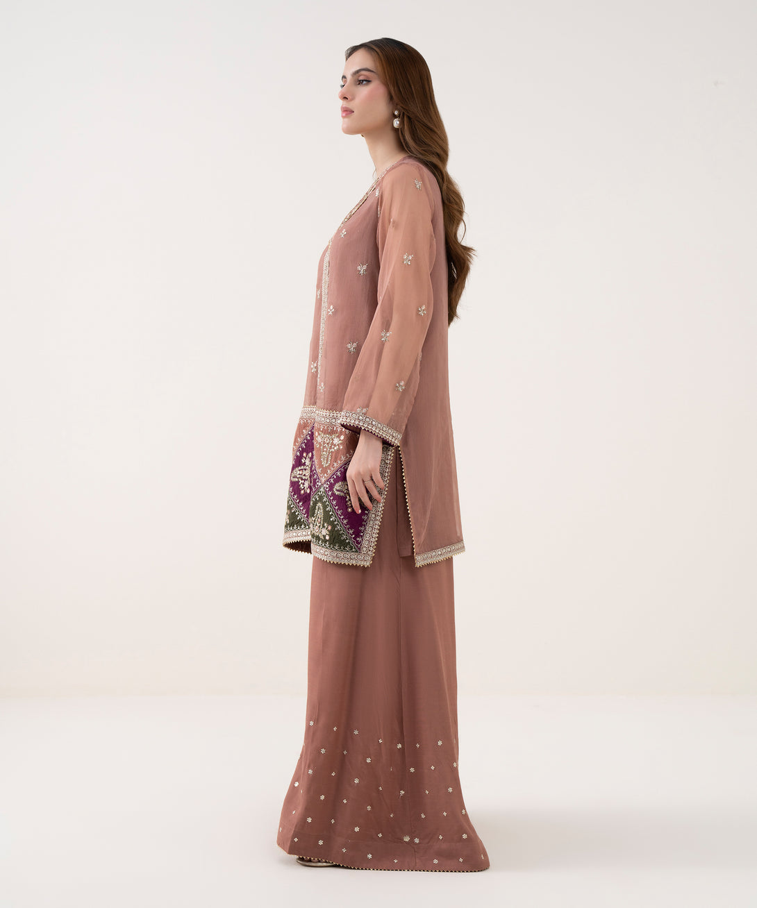 Women's RTW Blended Organza Embroidered Pink 2 Piece Suit