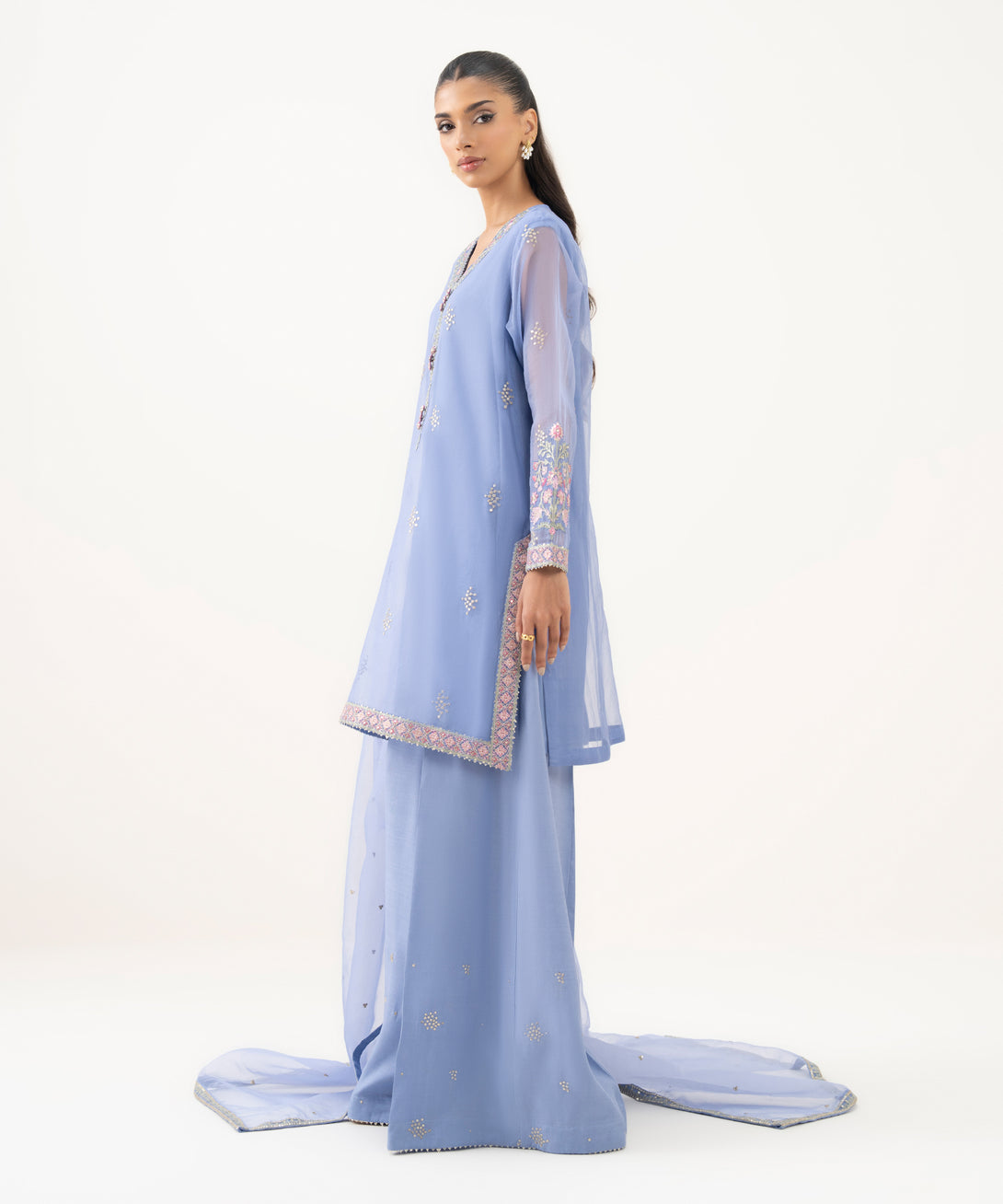 Women's RTW Blended Organza Embroidered Blue Three Piece Suit