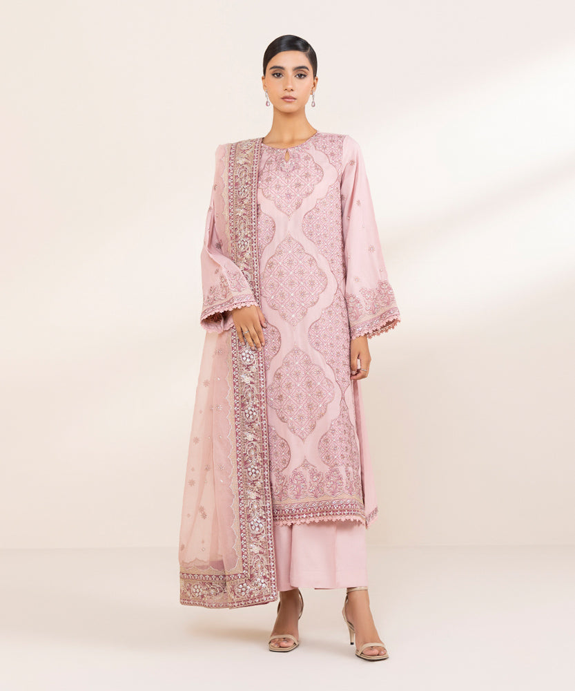 Women's Pret Tea Pink 3 Piece Embroidered Raw Silk Suit