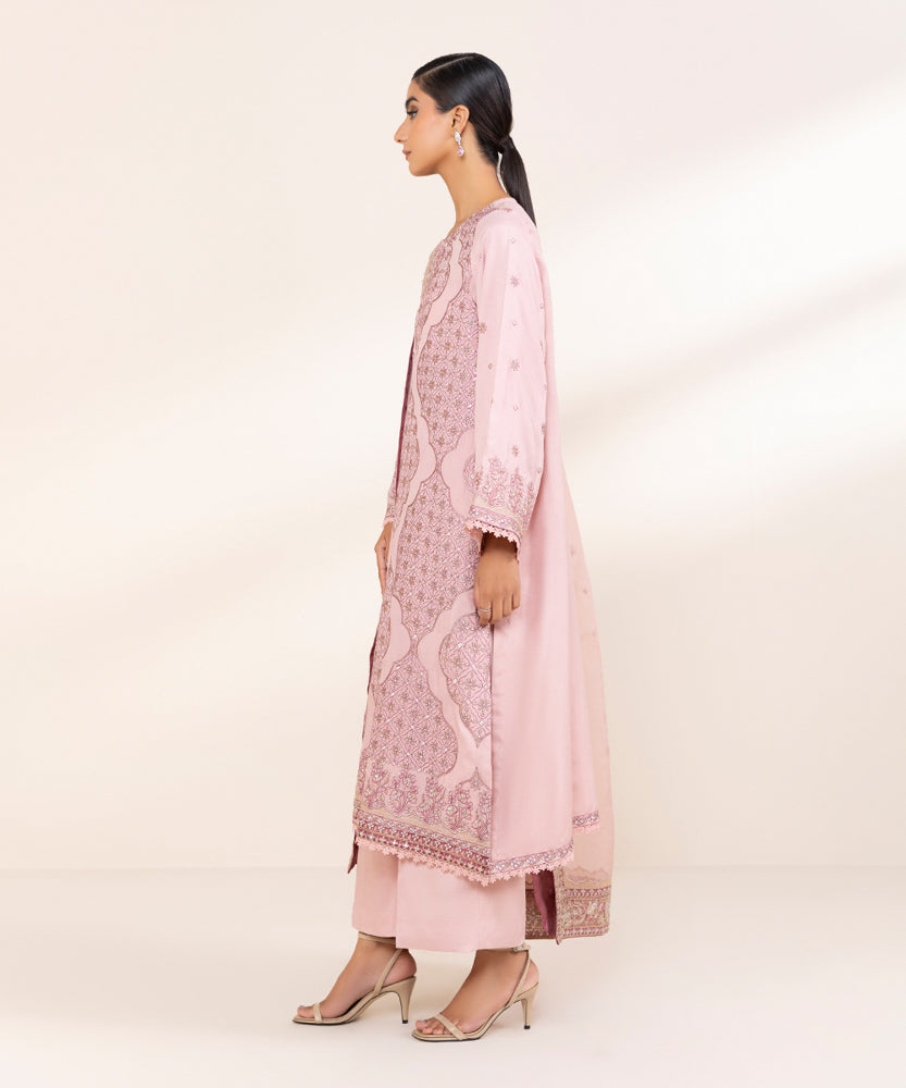 Women's Pret Tea Pink 3 Piece Embroidered Raw Silk Suit