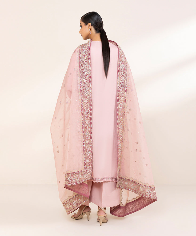 Women's Pret Tea Pink 3 Piece Embroidered Raw Silk Suit