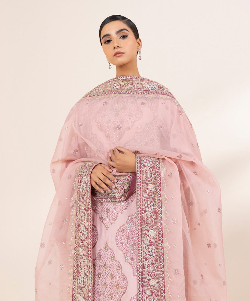 Women's Pret Tea Pink 3 Piece Embroidered Raw Silk Suit