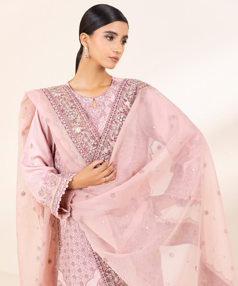 Women's Pret Tea Pink 3 Piece Embroidered Raw Silk Suit