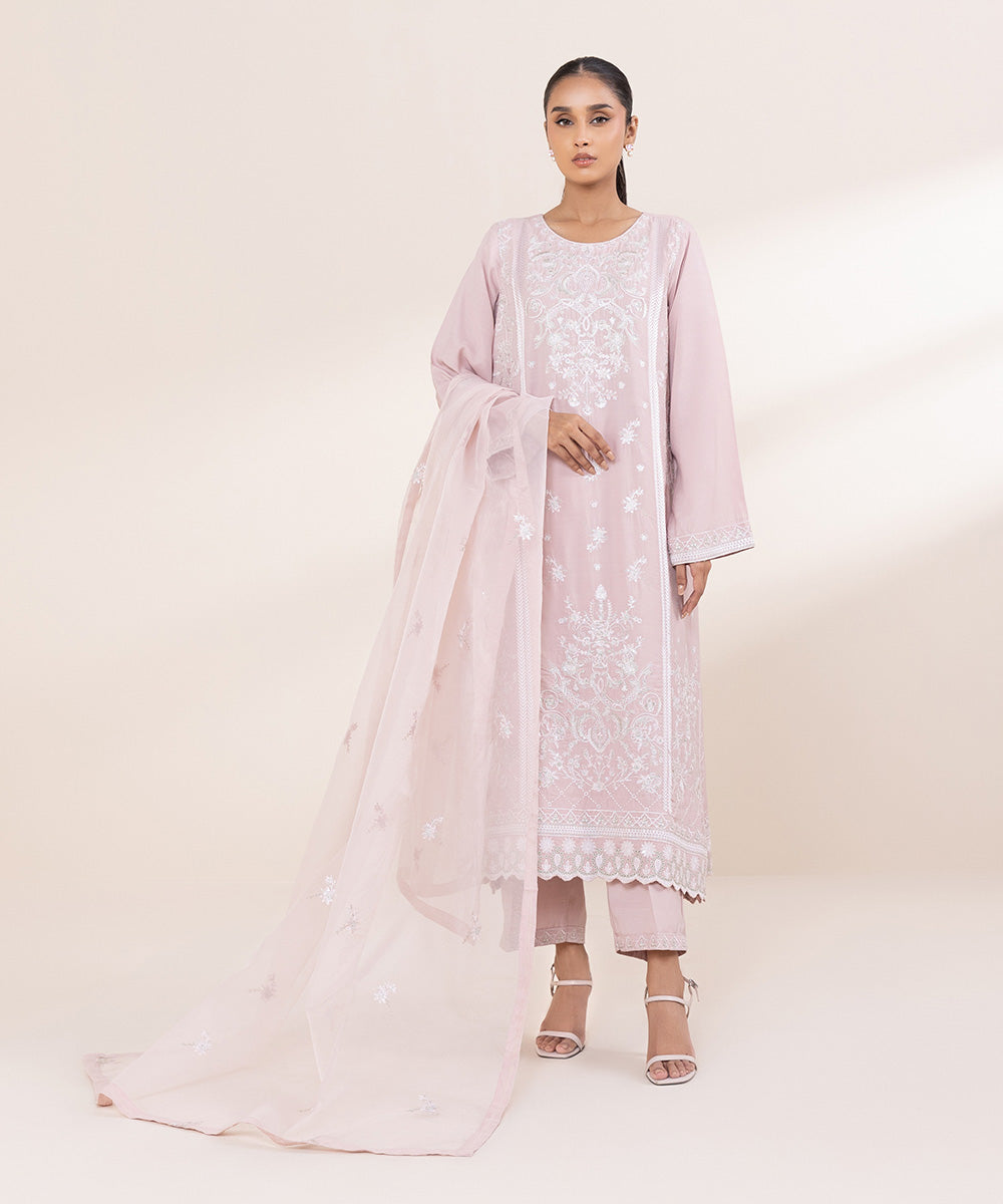 Women's Pret Viscose Raw Silk Pink Embroidered 3 Piece Suit