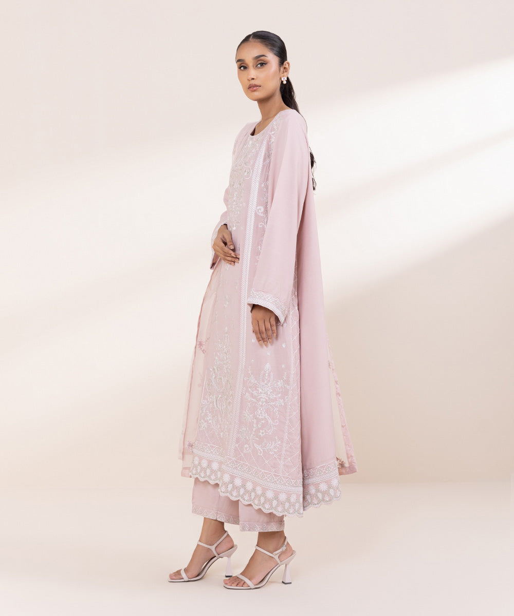 Women's Pret Viscose Raw Silk Pink Embroidered 3 Piece Suit