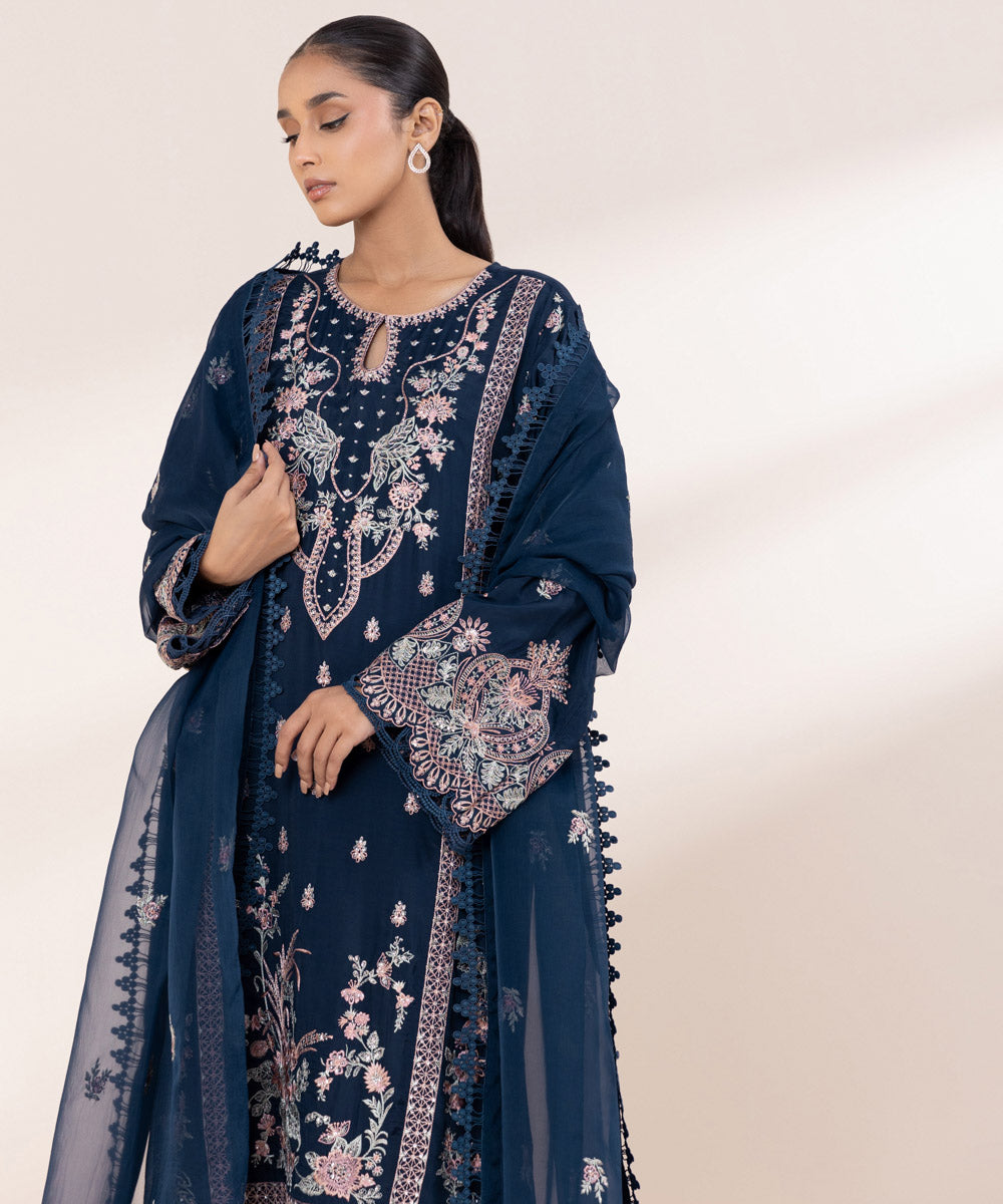 Women's Pret Viscose Raw Silk Blue Embroidered 3 Piece Suit