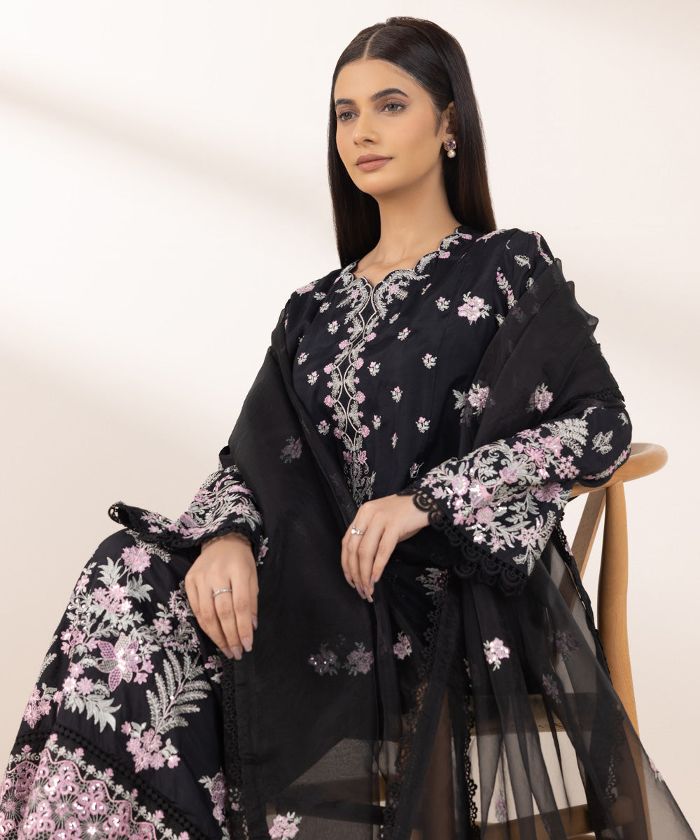 Women's Pret Viscose Raw Silk Black Embroidered 3 Piece Suit