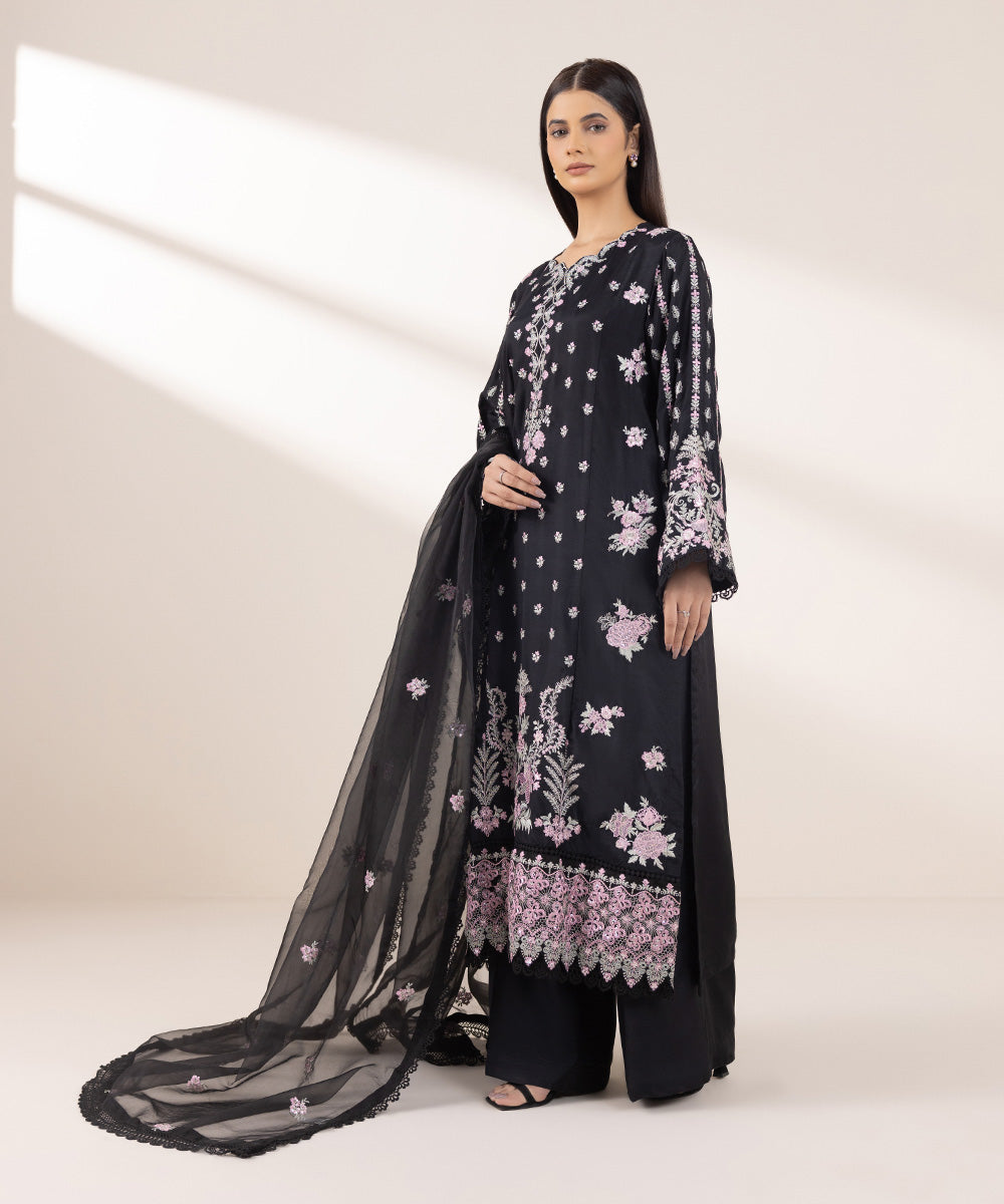 Women's Pret Viscose Raw Silk Black Embroidered 3 Piece Suit