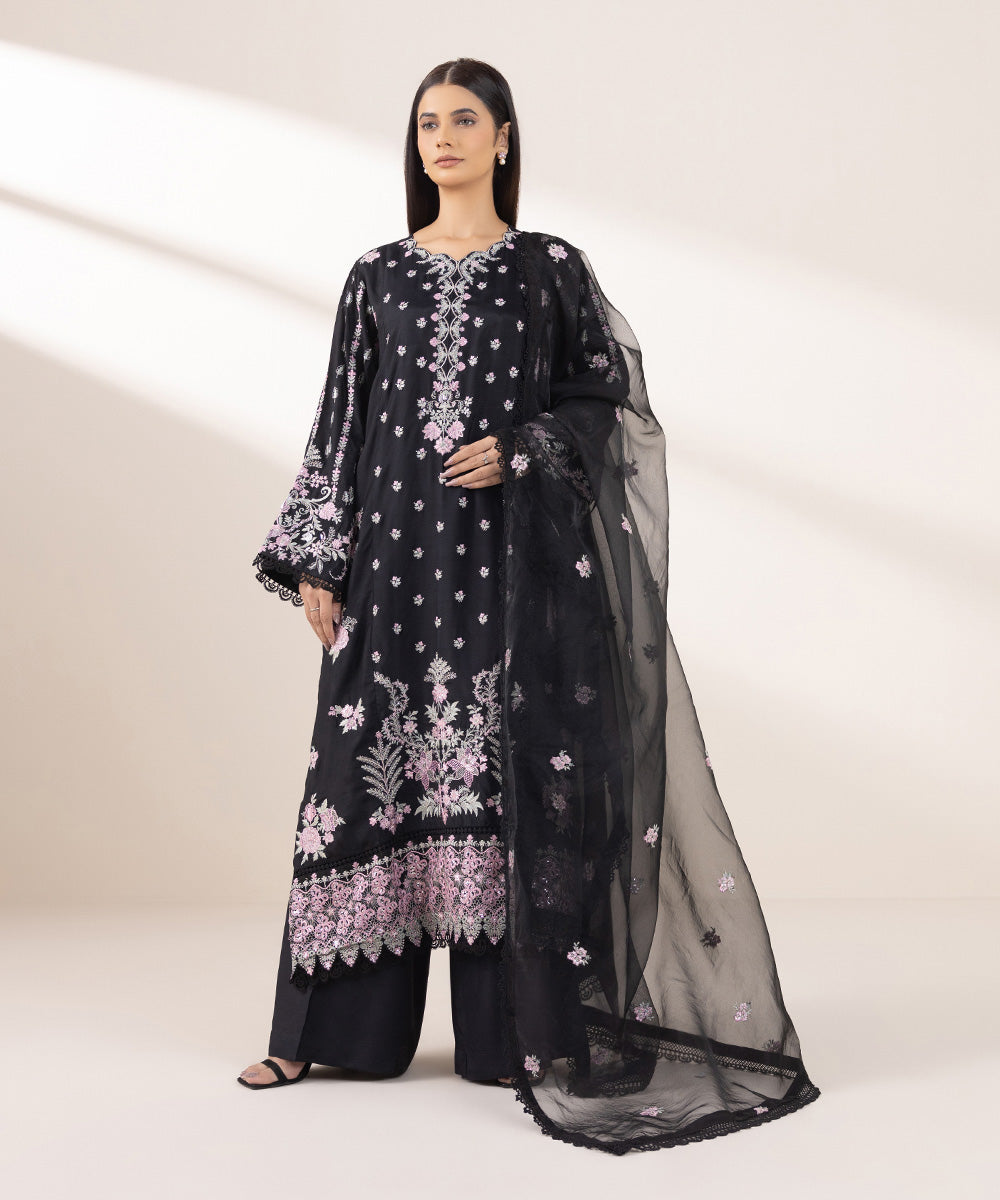 Women's Pret Viscose Raw Silk Black Embroidered 3 Piece Suit