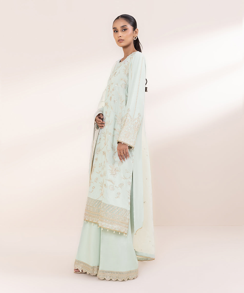 Women's Pret Viscose Raw Silk Green Embroidered 3 Piece Suit