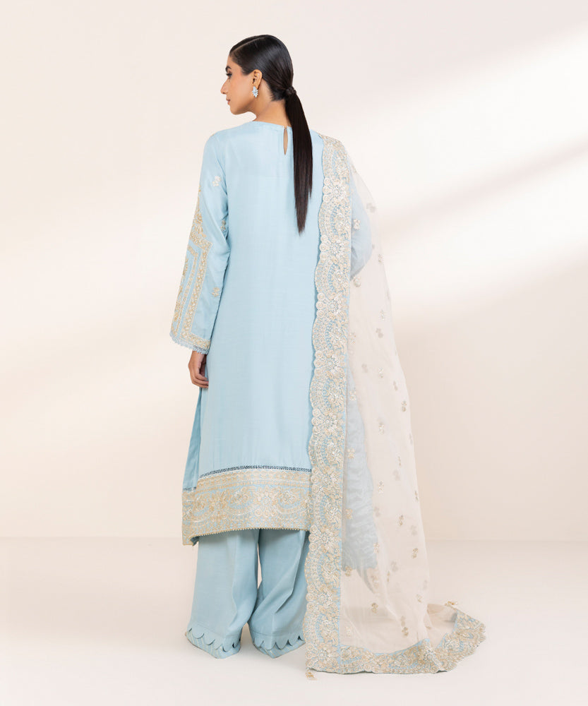 Women's Pret Aqua Blue 3 Piece Embroidered Raw Silk Suit