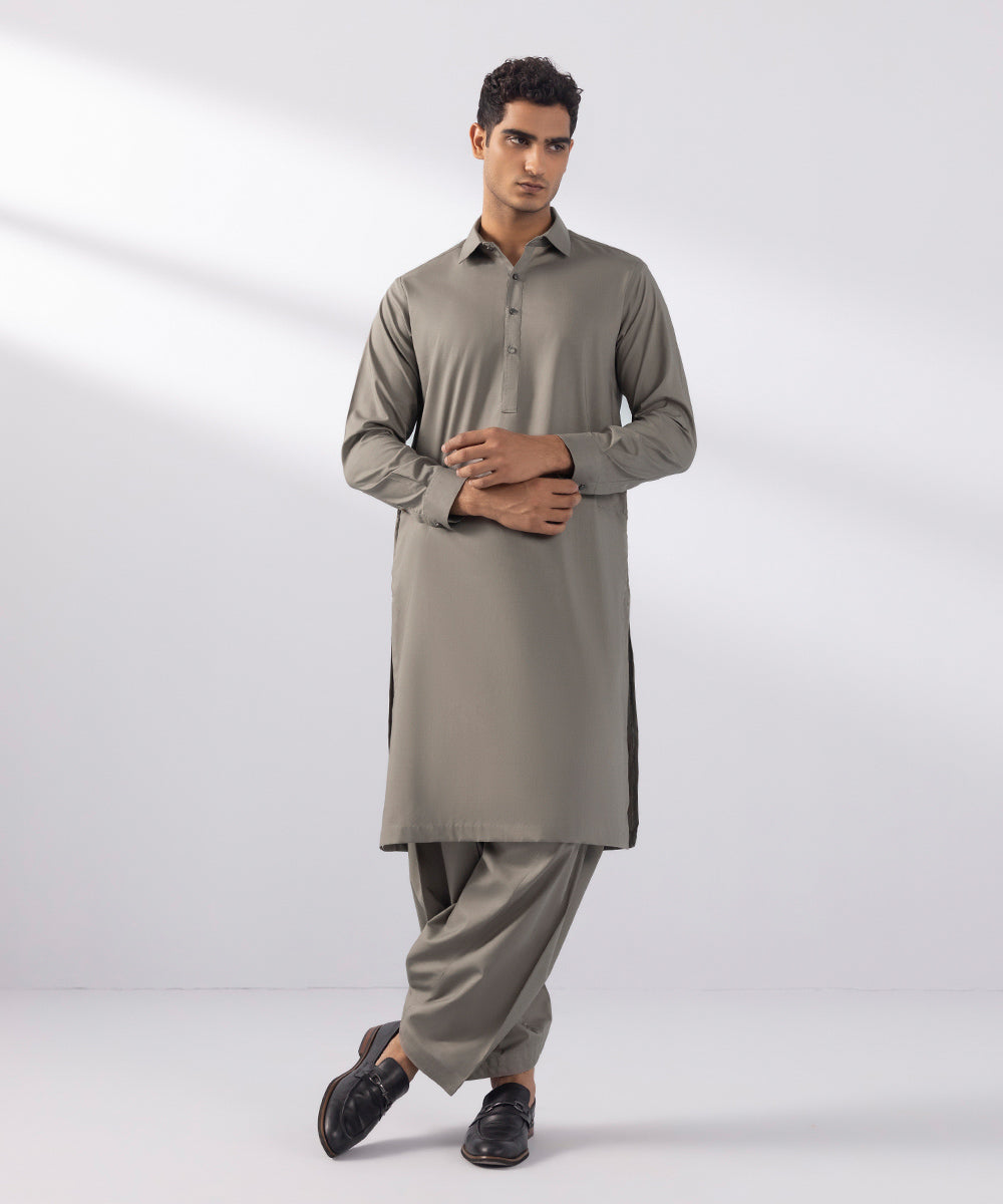 Men's Stitched Luxury Egyptian Cotton Suit Olive Khaki Straight Hem Kurta Shalwar
