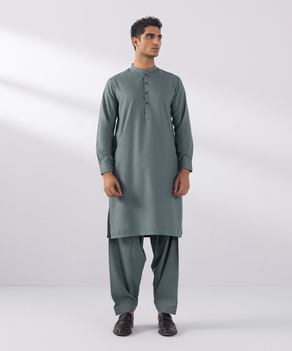 Men's Stitched Fancy Wash & Wear Sea Green Straight Hem Kurta Shalwar