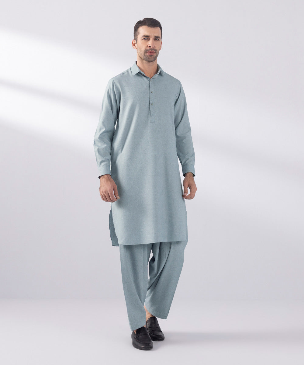 Men's Stitched Fancy Wash & Wear Soft Blue Round Hem Kurta Shalwar
