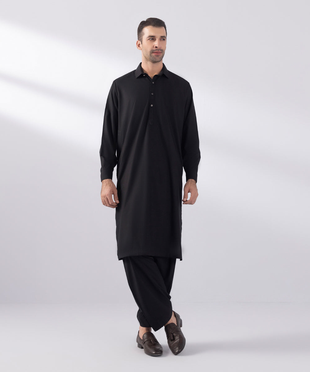 Men's Stitched Poly Modal Black Round Hem Kurta Shalwar