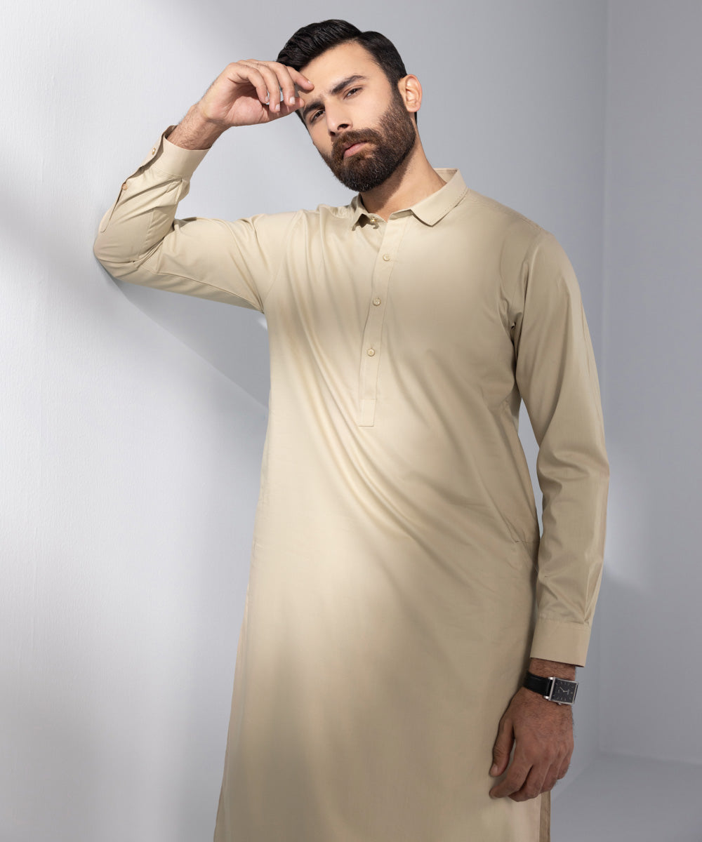 Men's Stitched 2 PC Beige Cotton Suit