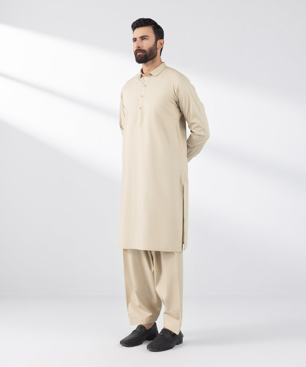 Men's Stitched 2 PC Beige Cotton Suit