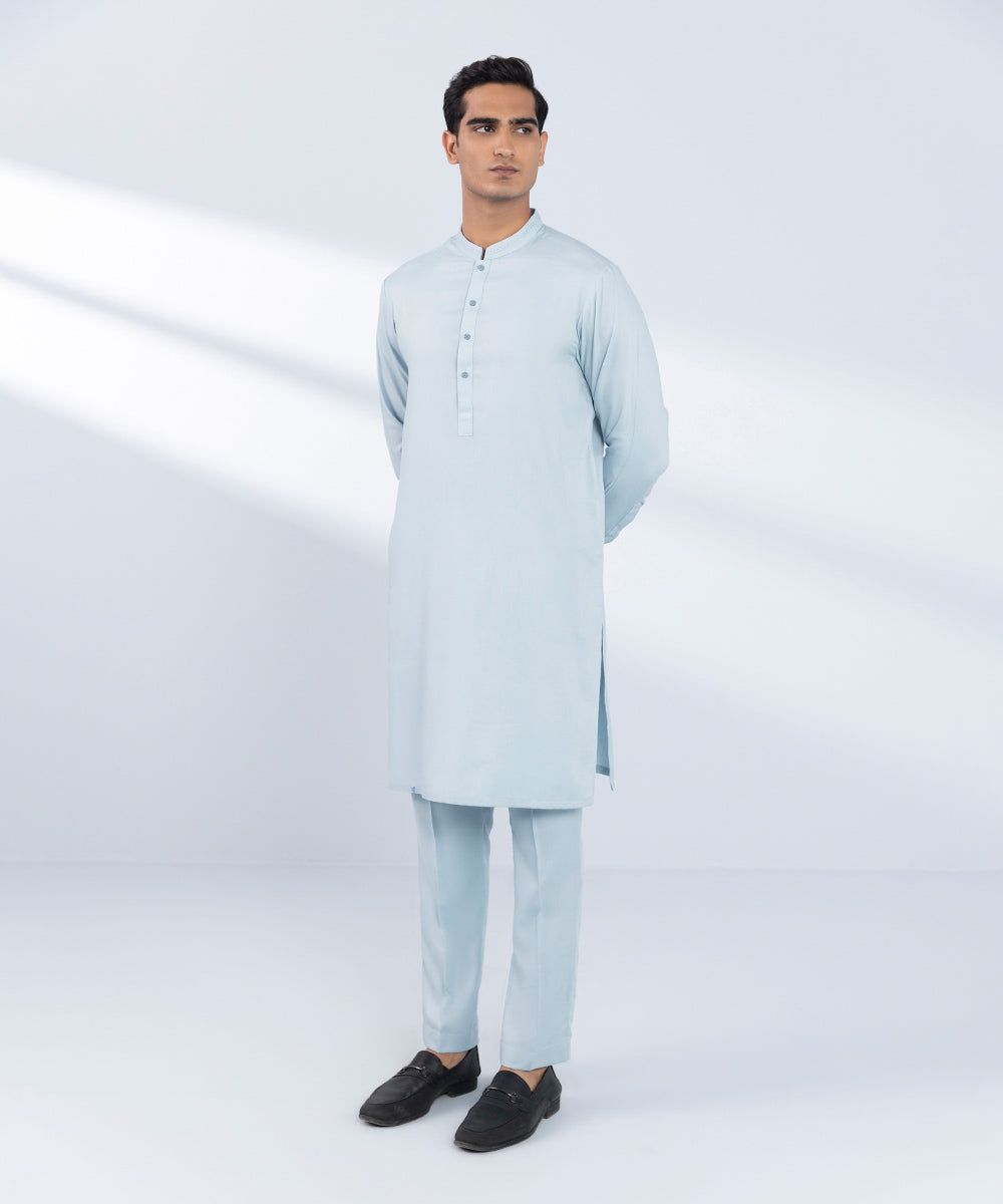 Men's Stitched Plain Blue 2 PC Suit 