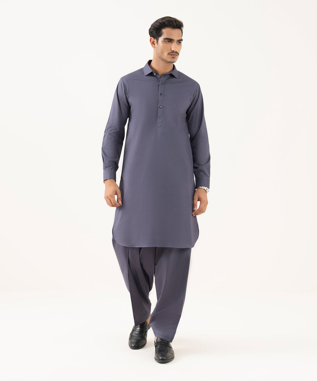 Men's 100% Cotton Plain Blue Grey Kurta Shalwar