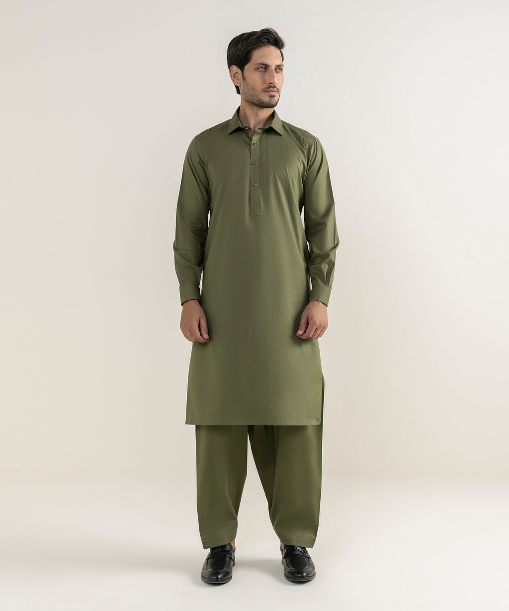 Men's 100% Cotton Plain Olive Green Kameez Shalwar