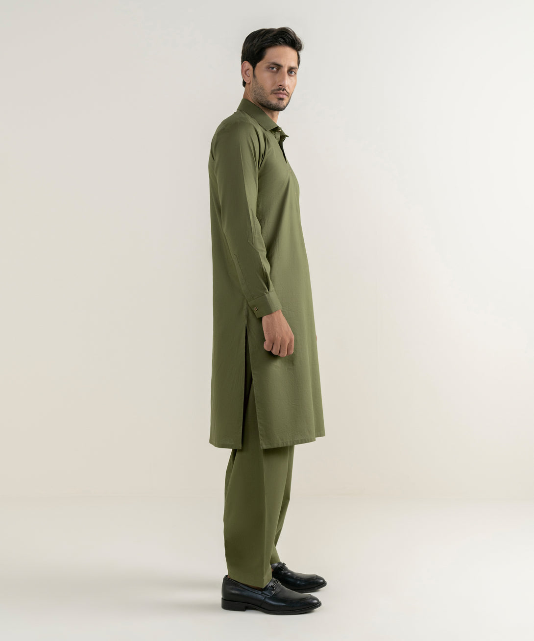 Men's 100% Cotton Plain Olive Green Kameez Shalwar